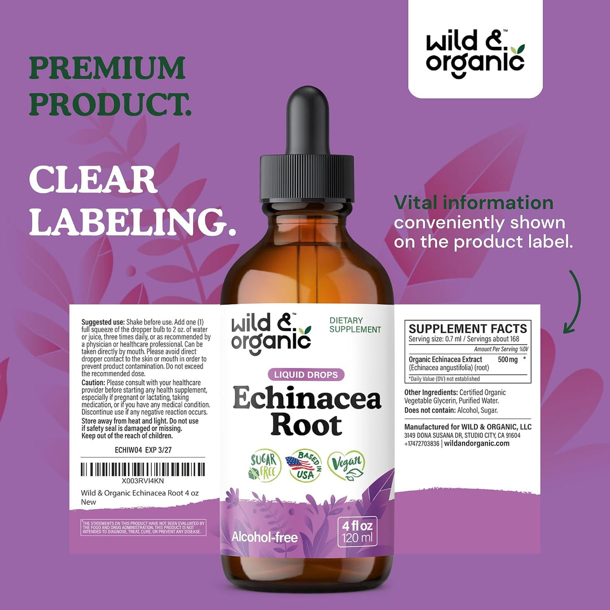 Wild & Organic Echinacea Drops - Immune & Lymphatic Drainage Drops - 4 oz