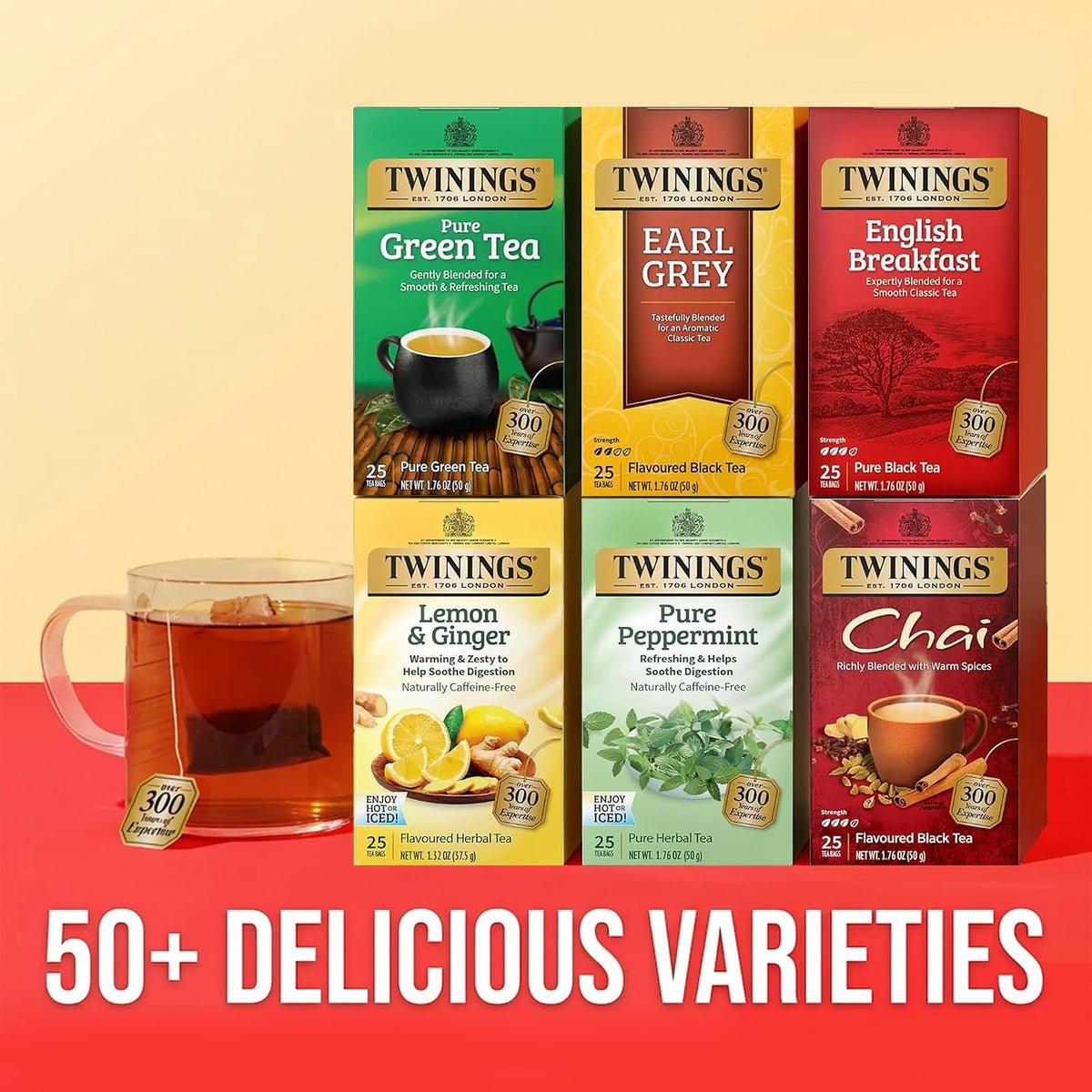 Twinings Variety Pack Tea Bags, 25 Count (Pack of 6) Includes English Breakfast, Earl Grey, Lemon Ginger, Peppermint, Green, and Chai, Enjoy Hot or Iced, 150 Teabags