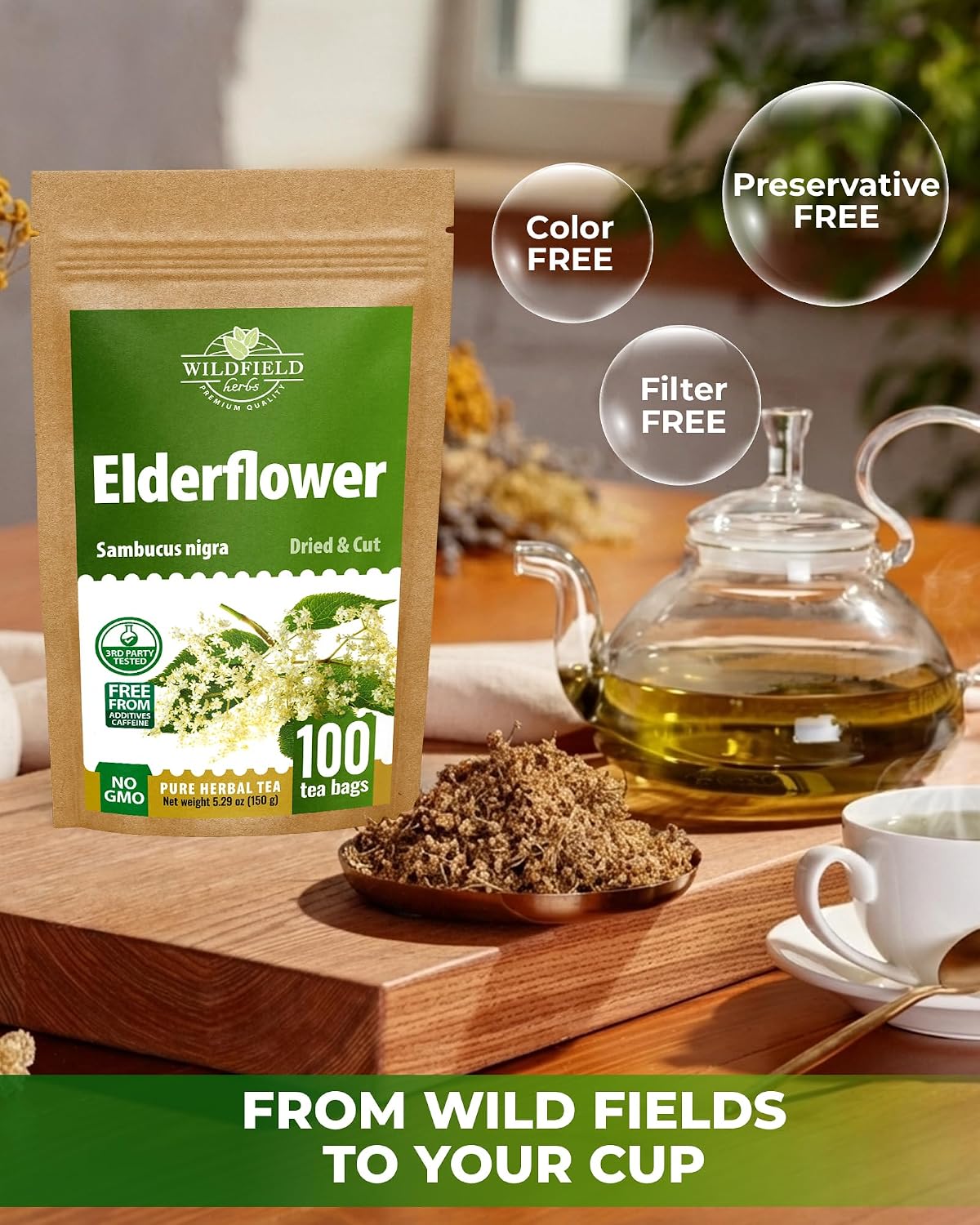 100 Bags Dried Elderflower Tea Herbal Tea (Flores Sambuci Nigrae) - 100 Count 1.5g Bags Elder Flower Herb Espino Blanco