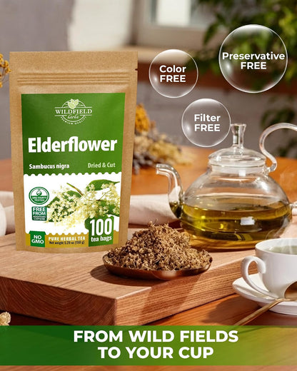 100 Bags Dried Elderflower Tea Herbal Tea (Flores Sambuci Nigrae) - 100 Count 1.5g Bags Elder Flower Herb Espino Blanco