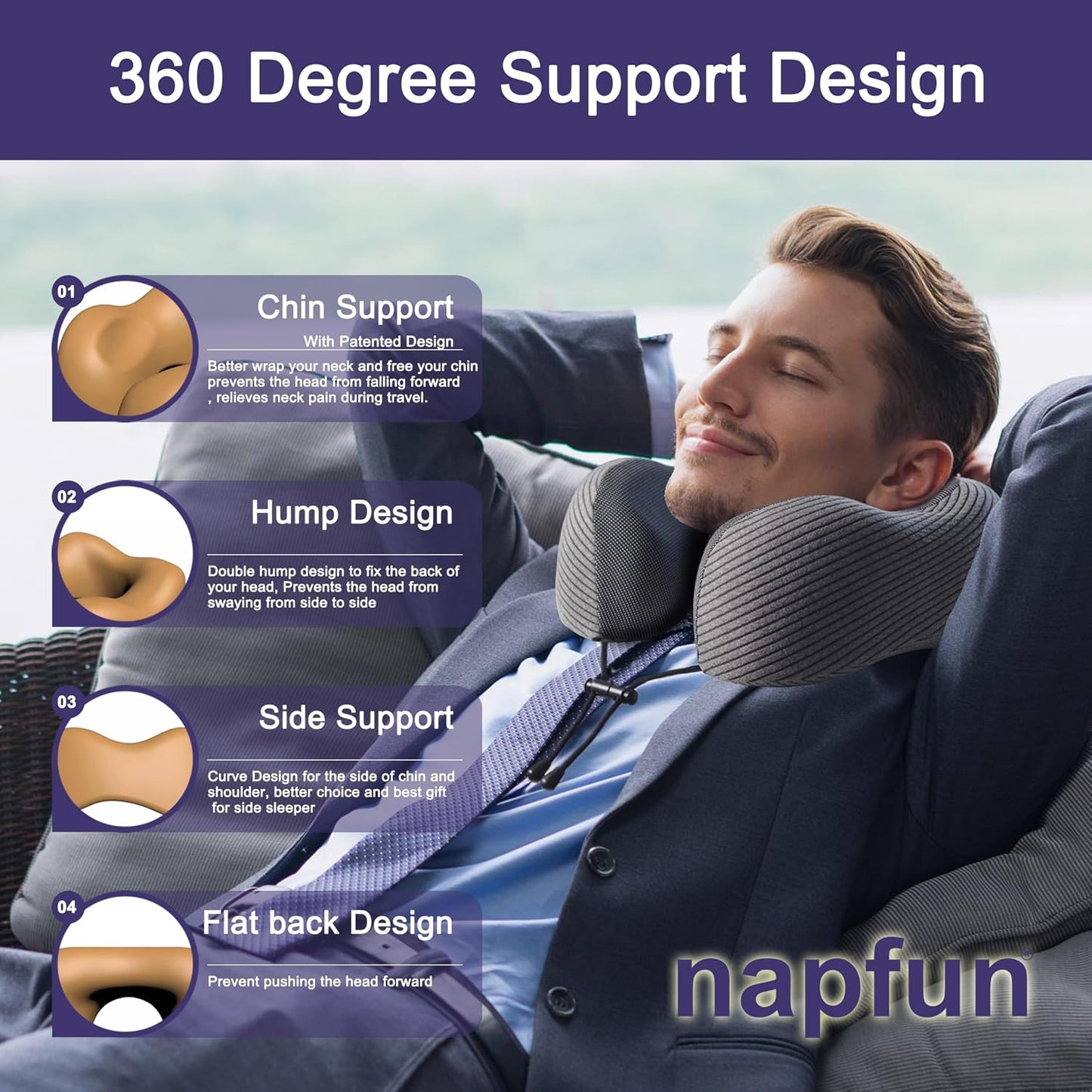 napfun Neck Pillow for Traveling, Upgraded Travel Neck Pillow for Airplane 100% Pure Memory Foam Travel Pillow for Flight Headrest Sleep, Portable Plane Accessories, Light Grey