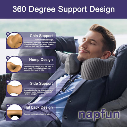 napfun Neck Pillow for Traveling, Upgraded Travel Neck Pillow for Airplane 100% Pure Memory Foam Travel Pillow for Flight Headrest Sleep, Portable Plane Accessories, Light Grey