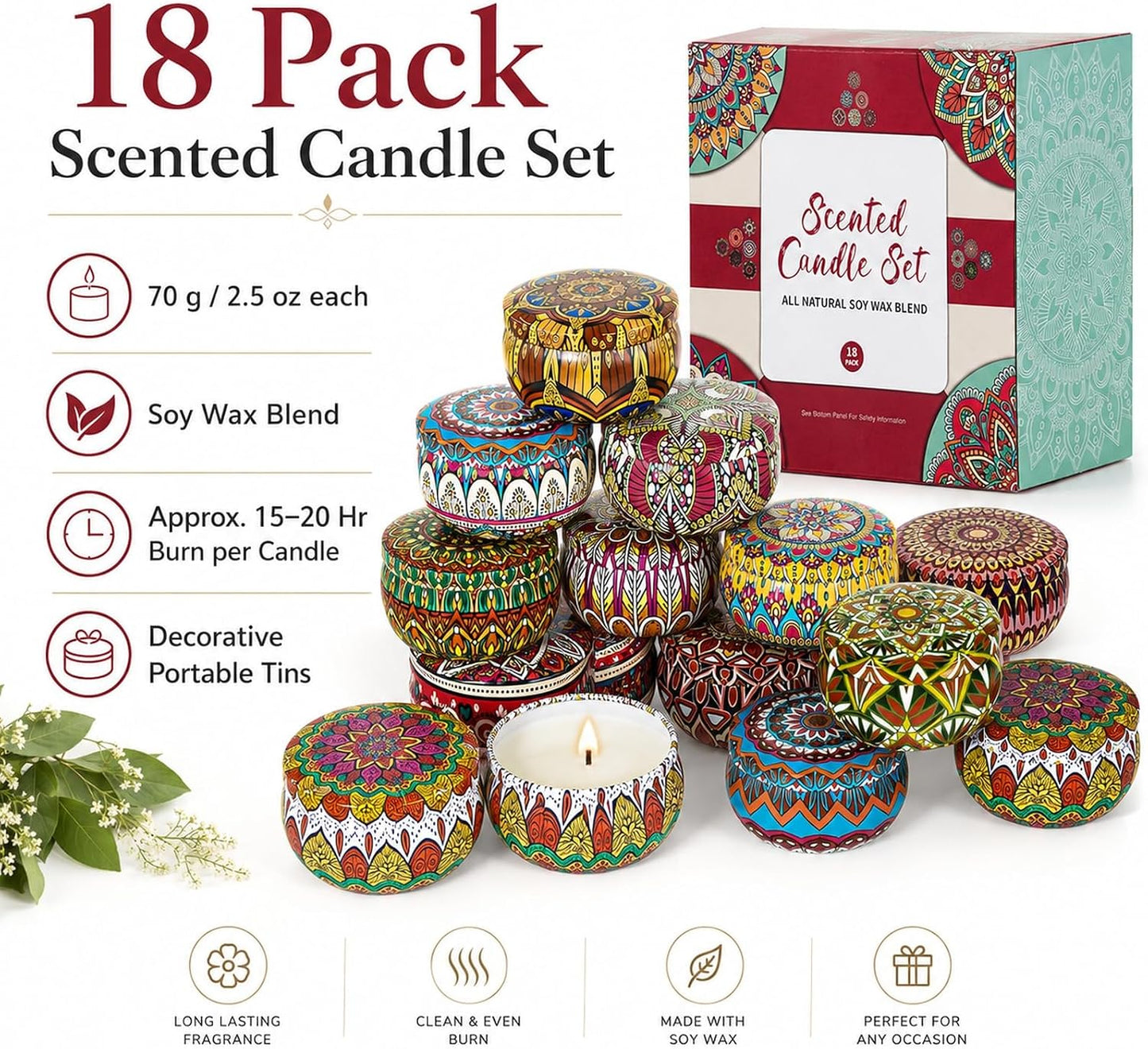 Scented Candles Gift Set for Women, 4 Pack Soy Wax Candles in Classic Bohemian Tins, Aromatherapy Candle Set, Birthday Gifts for Mom, Thank You Gifts