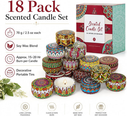 Scented Candles Gift Set for Women, 4 Pack Soy Wax Candles in Classic Bohemian Tins, Aromatherapy Candle Set, Birthday Gifts for Mom, Thank You Gifts