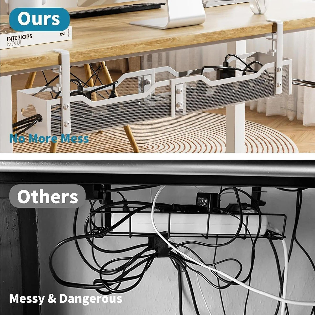 Under Desk Cable Management Tray No Drill, Metal Mesh Cable Management Under Desk with Clamp Mount, 2 Hole Cable Tray with Wire Management and Cord Organizer for Home Office Standing Desk