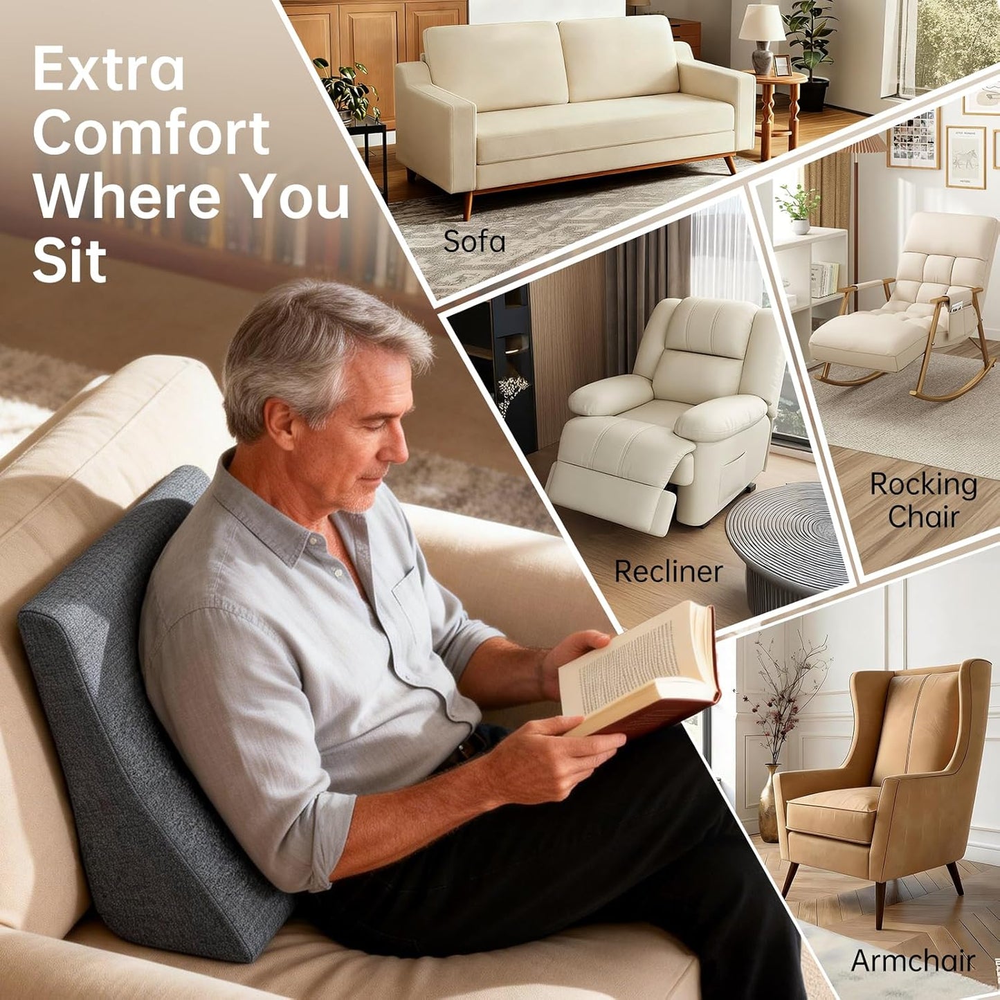 Vekkia Lumbar Support Pillow for Recliner - Couch Back Support Pillow for Lower Back Pain Relief, Lumbar Cushion for Sofa, Accent Chair & Armchair, Recliner Cushions for Elderly, Washable Cover (Gray)