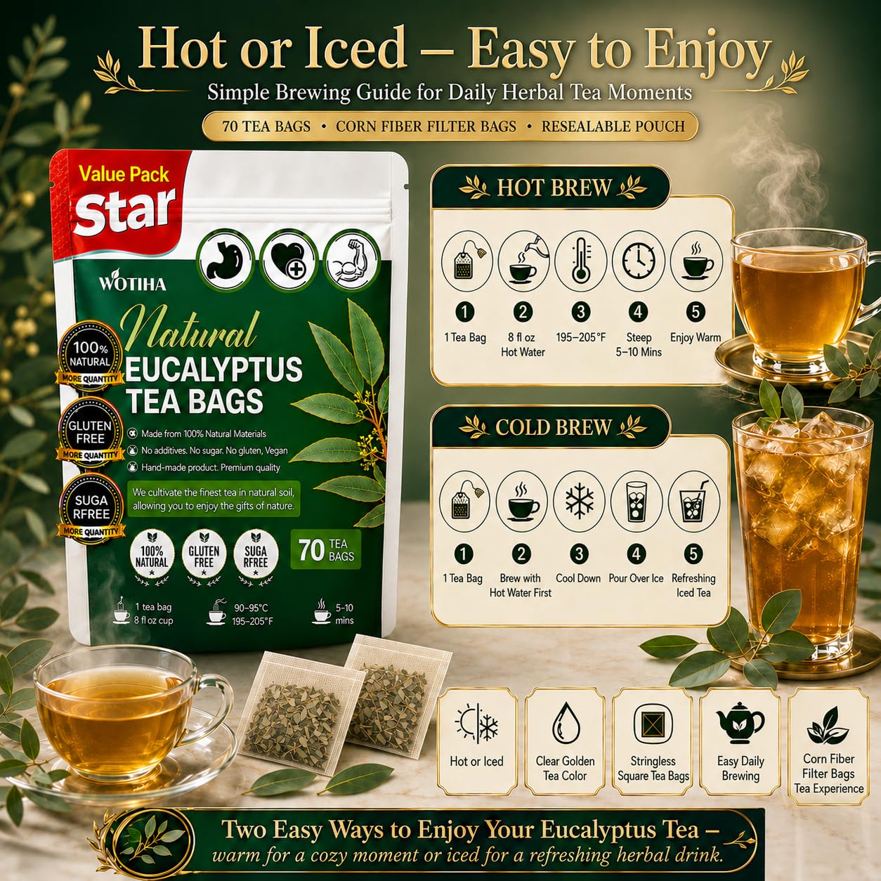 WOTIHA 60 Count Premium Lemon Balm Tea Bags - 100% Pure Natural Leaves, Lemony Citrusy Flavor, Supports Calming & Digestion, Caffeine-Free, Additive-Free, Sugar-Free, Vegan Non-GMO