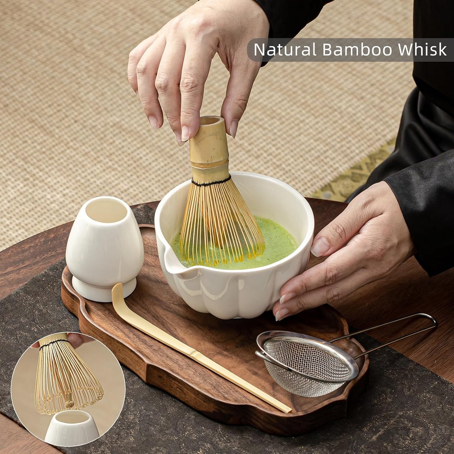 Matcha Whisk Set, Matcha Set Includes Ceramic Matcha Bowl, Bamboo Whisk, Scoop, Chasen Holder, Sifter, 5 Pcs Perfect Matcha Kit for Matcha Lover (Mottled Green)