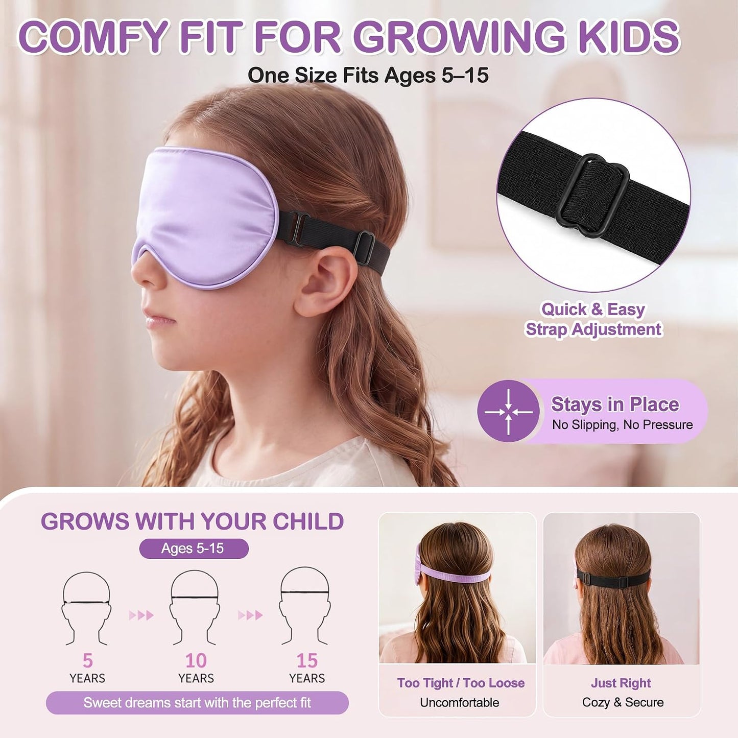 Kids Sleep Mask, Soft Eye Mask for Boys Girls with Adjustable Strap, Silk Light Blocking Sleeping Mask for Naps, Travel and Night Sleep, Includes Laundry Bag (Black)
