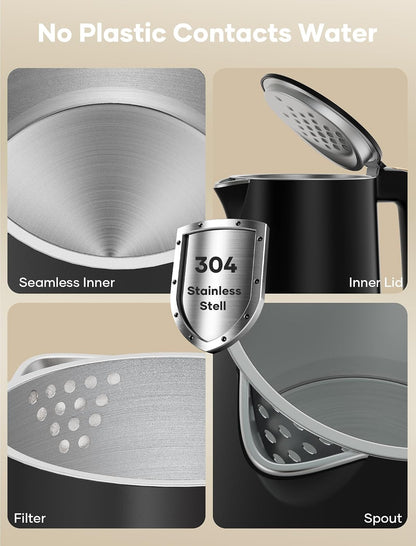 Small Electric Kettle, 0.8L Water Boiler & Heater, 1000W Hot Tea Pot, Double Wall Stainless Steel Cool Touch, Mini Coffee Kettle with Auto Shut Off & Boil Dry Protection, BPA-Free, Black