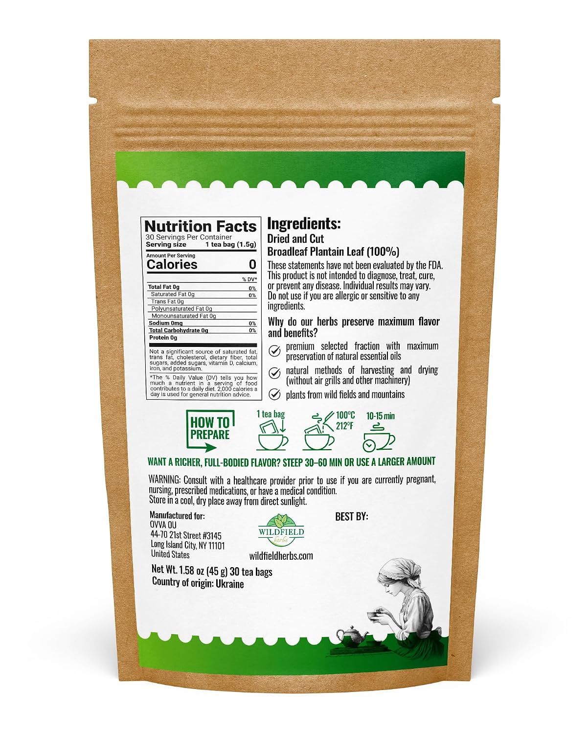 50 Bags Broadleaf Plantain Leaf Herb Tea (Plantago Majoris Folia) Plantain Leaves Tea - 50 Count 1.5 g Bags Llanten