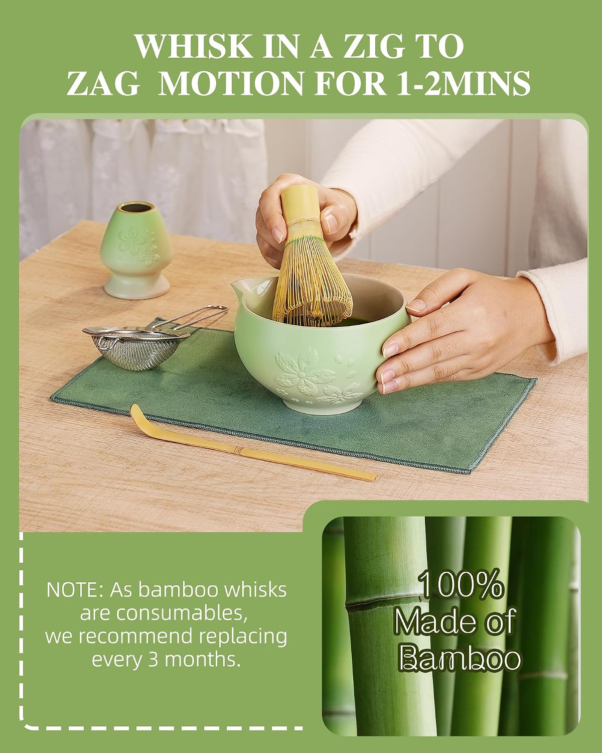 ZENS Matcha Whisk Set, Matcha Kit Set, Matcha Bowl with Spout, Bamboo Whisk & Scoop, Chasen Holder, 304 Sifter & Tea Mat, 6pcs Japaness Matcha Kit for Matcha Lovers, Birthday Gift, Pale Green
