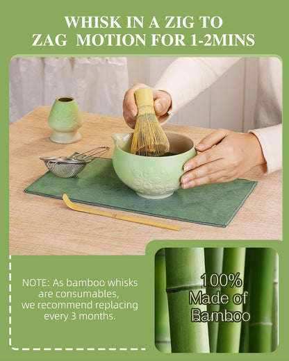 ZENS Matcha Whisk Set, Matcha Kit Set, Matcha Bowl with Spout, Bamboo Whisk & Scoop, Chasen Holder, 304 Sifter & Tea Mat, 6pcs Japaness Matcha Kit for Matcha Lovers, Birthday Gift, Pale Green