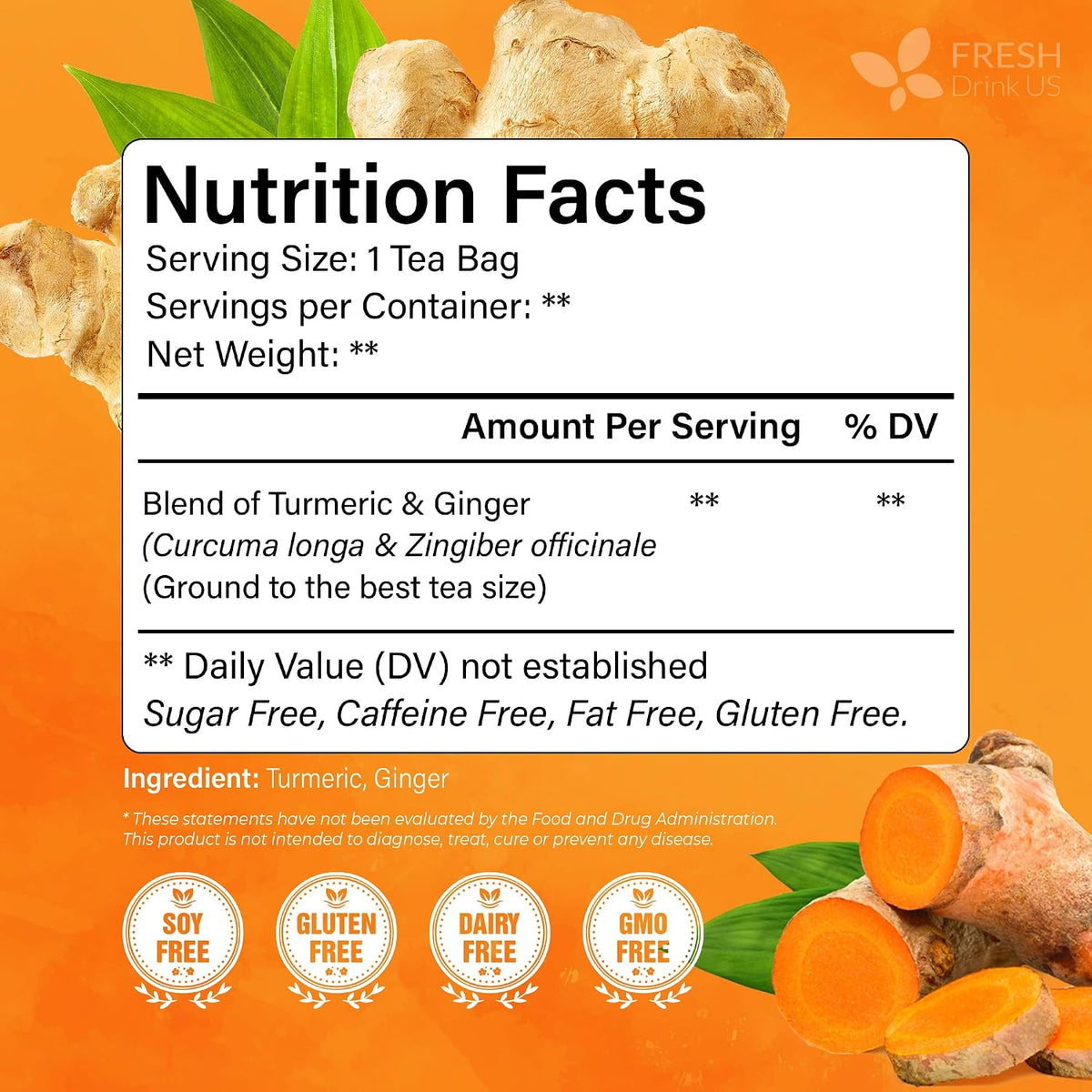 FreshDrinkUS, Premium 135 Ginger Turmeric Tea Bags, 100% Natural Ingredients, Hand-Made Blend of Ginger and Turmeric Herbal Tea, Eco-Conscious Tea Bags. No Sugar, No Caffeine, No Gluten, Vegan.