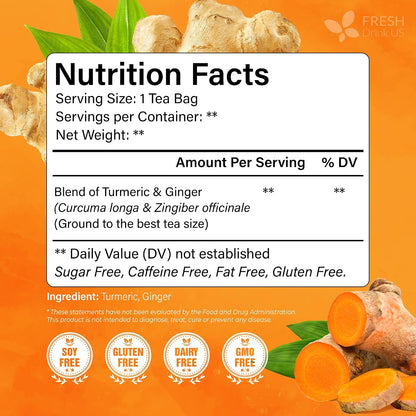 FreshDrinkUS, Premium Ginger Turmeric Tea, 45 Count, Caffeine Free, Vegan