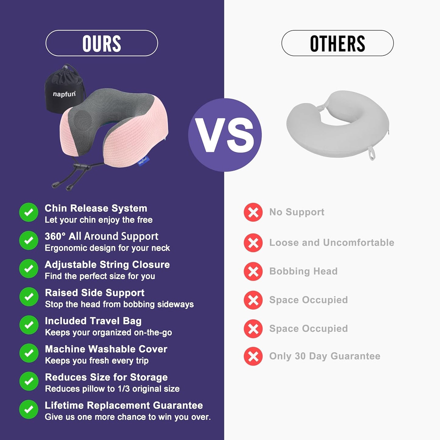 napfun Neck Pillow for Traveling, Upgraded Travel Neck Pillow for Airplane 100% Pure Memory Foam Travel Pillow for Flight Headrest Sleep, Portable Plane Accessories, Light Grey