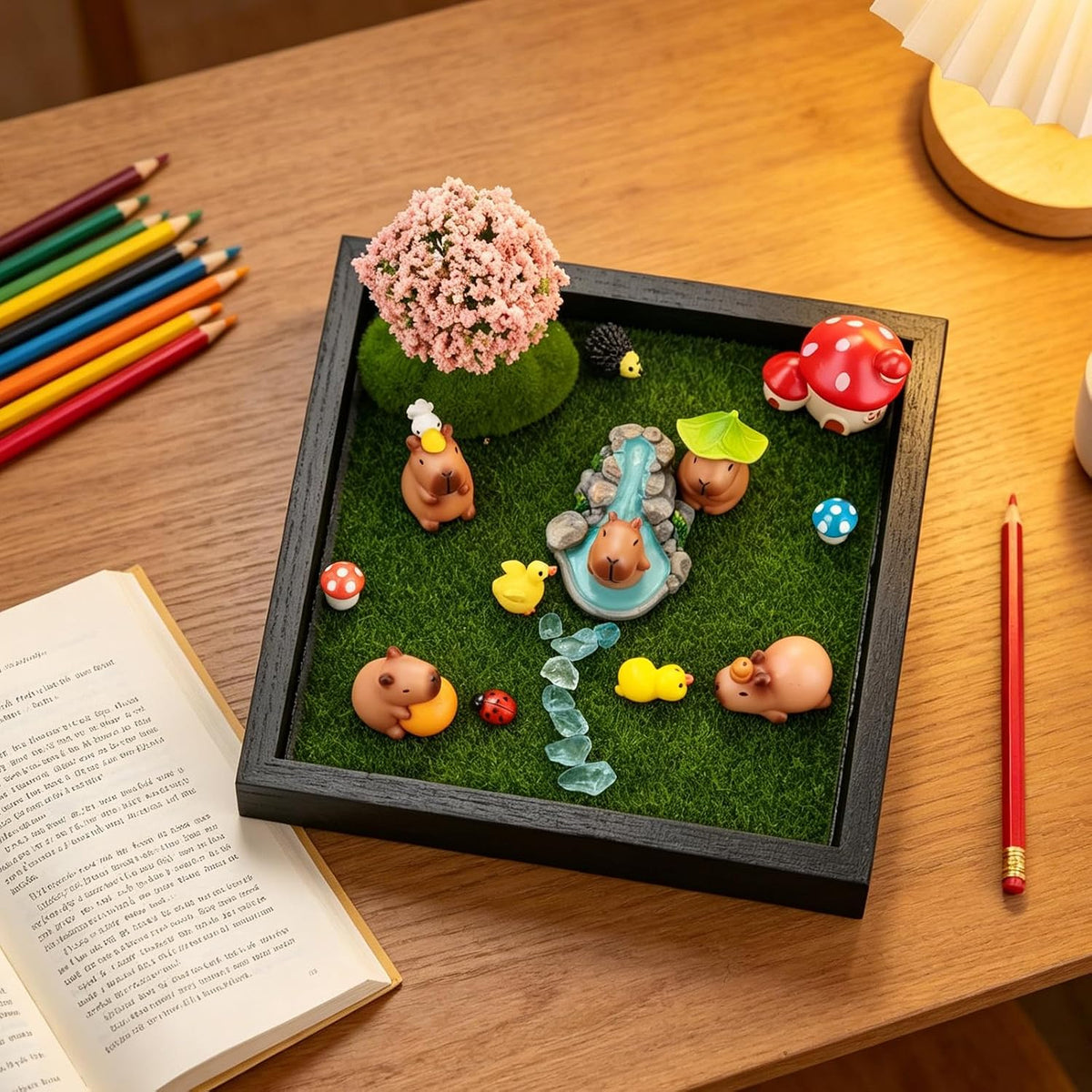 Dreamgirnh 18Pcs Capybara Fairy Zen Mini Garden Kit, 7In Wood Tray Desk Decor