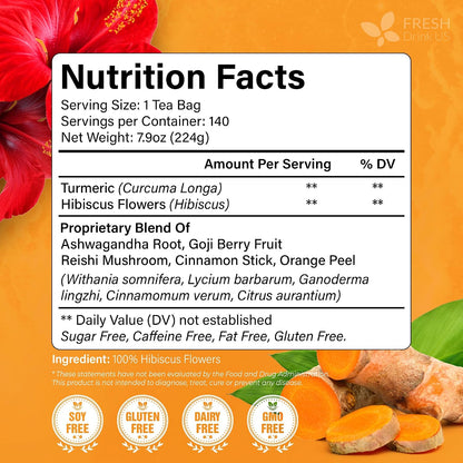 FreshDrinkUS, Premium Harmony Herbal Tea | 60 Tea bags | 100% Natural Turmeric, Hibiscus, Ashwagandha, Goji Berry, Reishi, Cinnamon & Orange Peel – Naturally Aromatic Caffeine-Free Tea