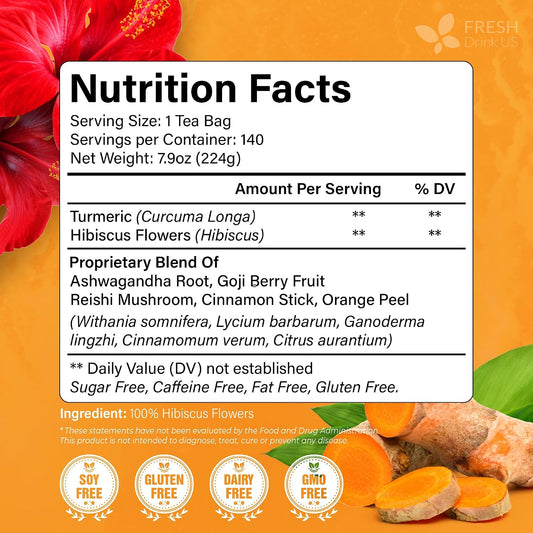 FreshDrinkUS, Premium Harmony Herbal Tea | 60 Tea bags | 100% Natural Turmeric, Hibiscus, Ashwagandha, Goji Berry, Reishi, Cinnamon & Orange Peel – Naturally Aromatic Caffeine-Free Tea