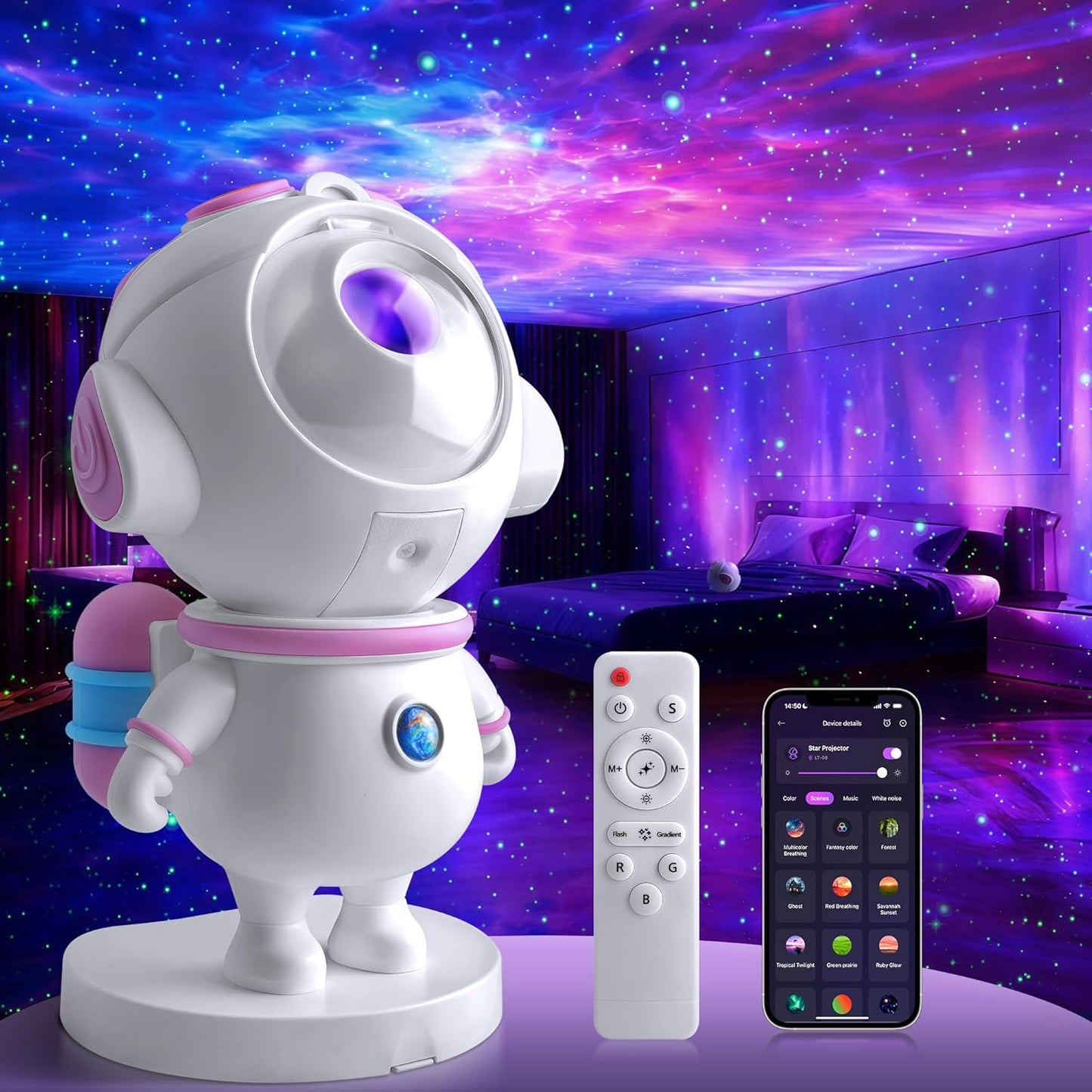 Astronaut Galaxy Star Projector Light, Aurora LED Night Light Lamp for Bedroom,Adults Kids Room Decor, Space Starry Nebula Ceiling Lighting Projector with Timer, Remote & APP Control, White Noise