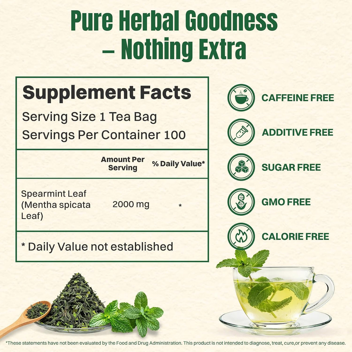 Spearmint Tea Bags 100 Count – Caffeine-Free Smooth Mint Tea, After Meals