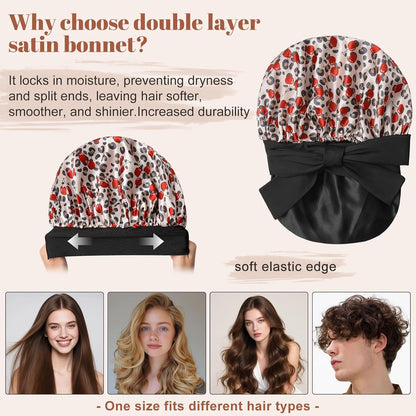 Satin Bonnet for Sleeping Cap Double Layer Hair Bonnet with Elastic Tie Band for Curly Hair Night Cap (Bean Paste + Pink)