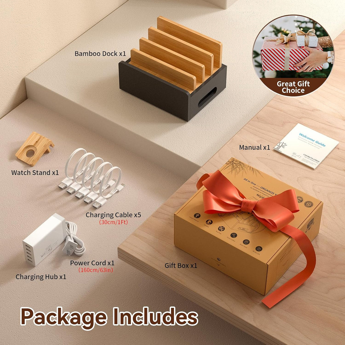 Pezin & Hulin Bamboo Charging Station with USB Charger,5Cables-Natural