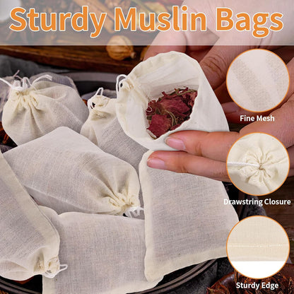 60 Pcs Spice Bags for Cooking, Muslin Reusable Tea Bag Drawstring Sachet