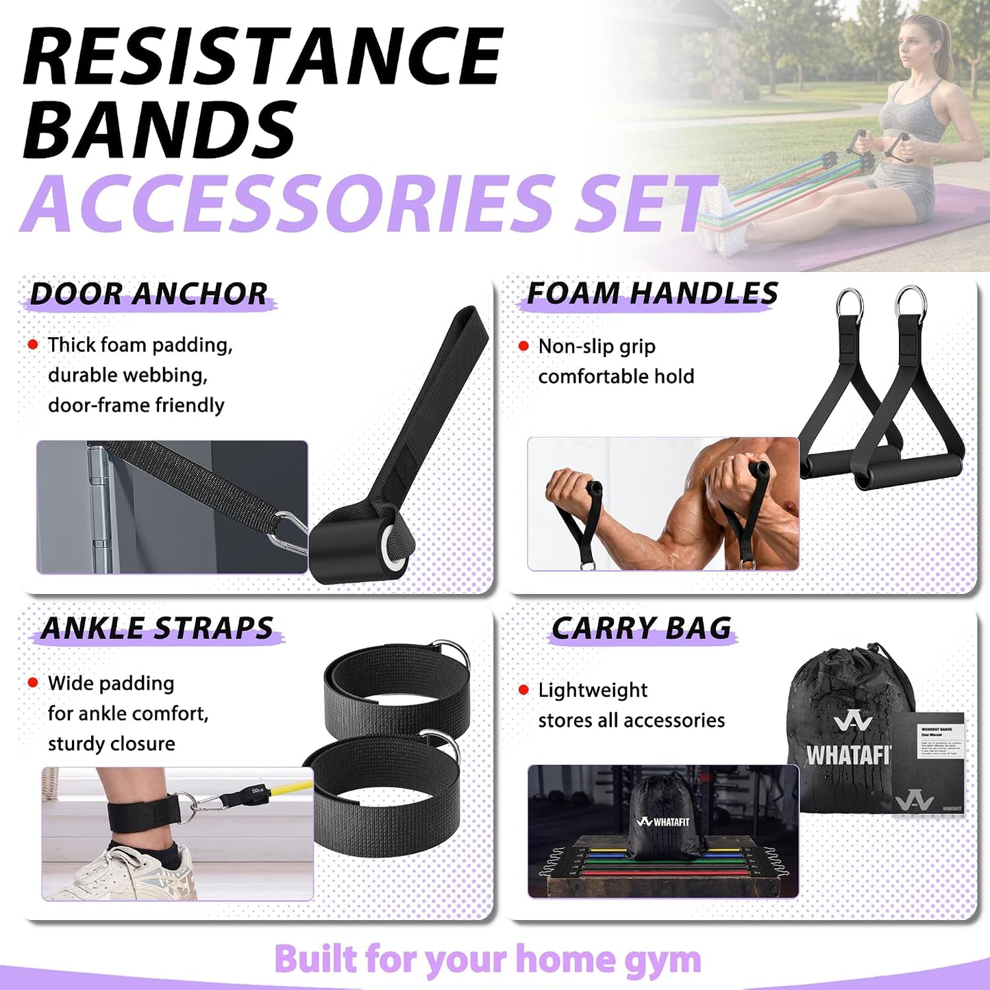 WHATAFIT Resistance Bands, Exercise Bands, Workout Bands with Handles, Door Anchor and Ankle Straps, 5 Resistance Levels Fitness Bands for Strength Training, Physical Therapy, and Home Gym Equipment