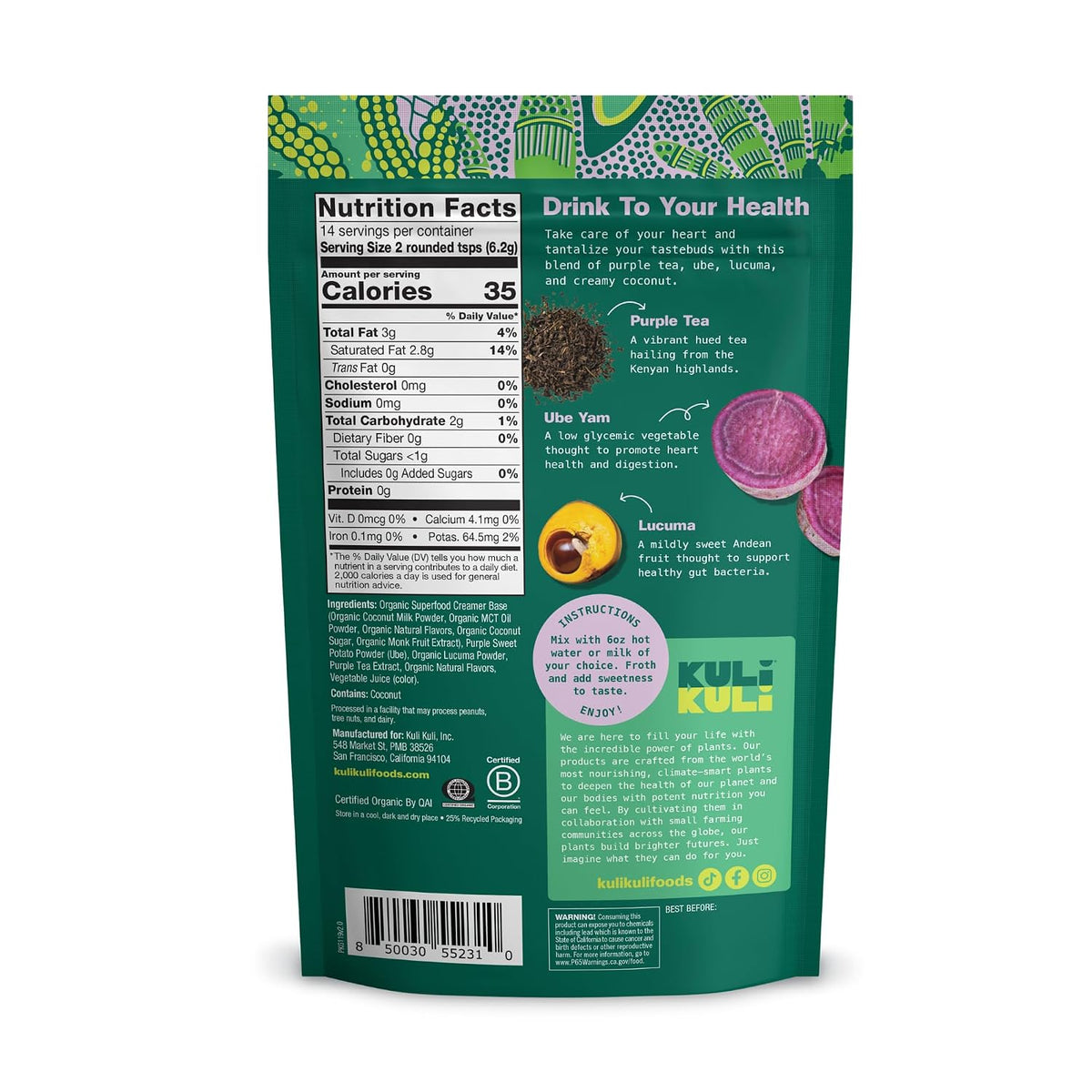 Kuli Kuli Organic Moringa Powder Matcha Green Tea Latte - Lion's Mane