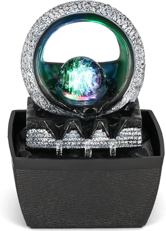 Tabletop Water Fountains, 3 Gears Desktop Fountain Indoor with Led Rolling Ball, Table Top Small Water Feature Interior Zen Relaxation Decor for Home Bedroom Living Room Office Apartment