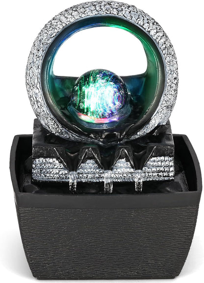 Tabletop Water Fountains, 3 Gears Desktop Fountain Indoor with Led Rolling Ball, Table Top Small Water Feature Interior Zen Relaxation Decor for Home Bedroom Living Room Office Apartment