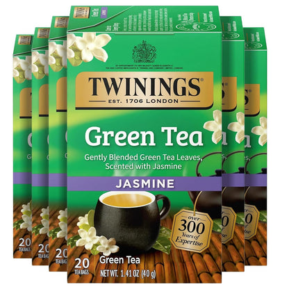 Twinings Green Tea with Jasmine, Caffeinated, Tea Bags, 20 CT Box (6 Pack)