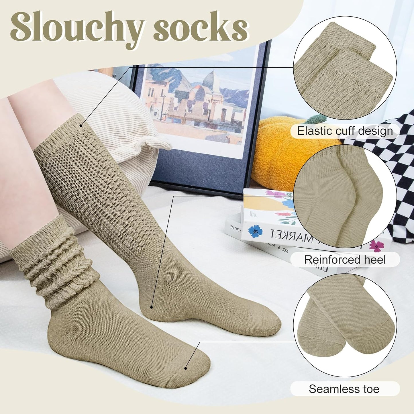 Justay 5 Pairs Slouchy Socks for Women - Slouch Long Crew Knit Boot Athletic Calf Tube Scrunch Socks