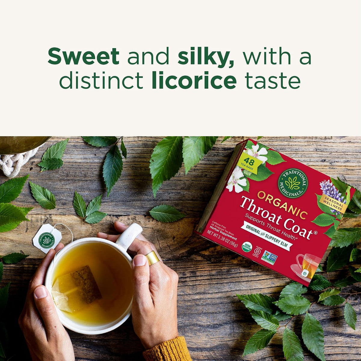 Traditional Medicinals Organic, Throat Coat Tea, Original with Slippery Elm - Supports Throat Health - Kosher, Non-GMO, Caffeine-Free, Compostable - 48 Tea Bags