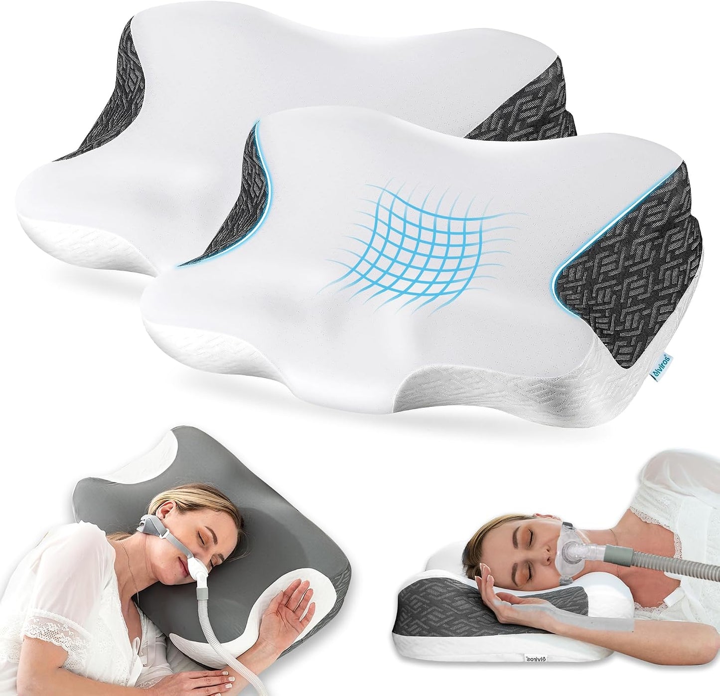 Elviros Cervical Neck Pillow for Neck Pain Relief, CPAP Pillow for Side, Back & Stomach Sleepers, Ergonomic Orthopedic Pillow for CPAP Users to Reduce Air Leaks and Mask Pressure, Dark Grey