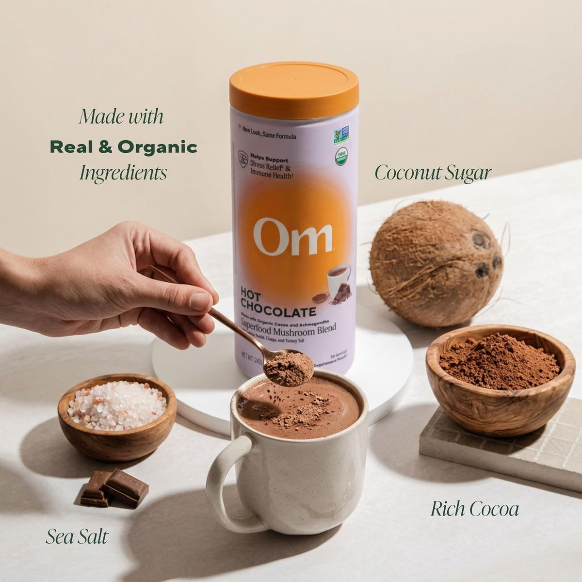 OM MUSHROOM SUPERFOOD Matcha Latte Blend – Green Tea Mushroom Powder with Lion’s Mane, Reishi, Chaga & Turkey Tail – Focus, Calm & Stress Support – 8.47 oz Canister (30 Servings)
