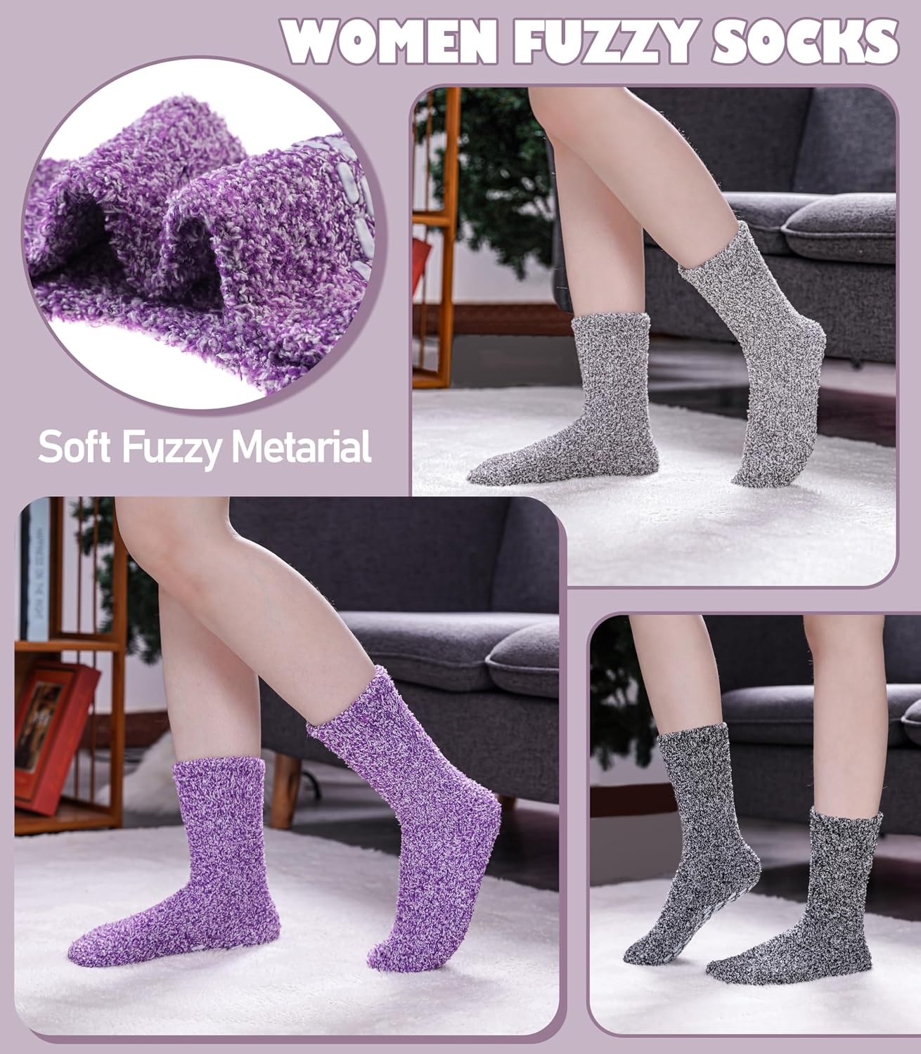 LINEMIN Non-Slip Fuzzy Socks for Women - Cozy Hospital Soft Fluffy Socks With Grips - Winter Warm Slipper