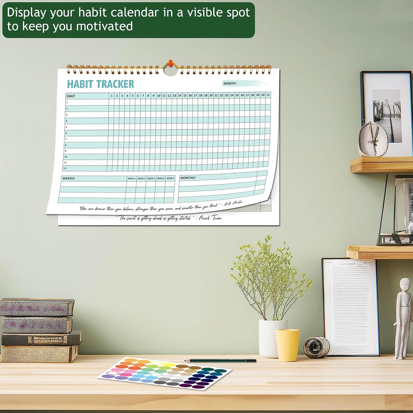 Habit Tracker Calendar, Daily Weekly Goal and Habit Tracker Journal, 12 Months Undated Habits Tracker Planner with Spiral Binding, Boost Productivity Tool and Workout Calendar, 11.7"x8.5"