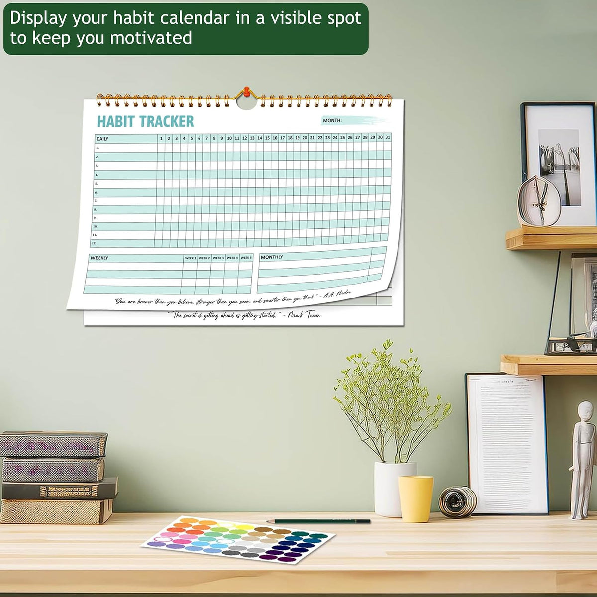 Habit Tracker Calendar, Aesthetic Daily Weekly Goal and Habit Tracker Journal, 12 Months Undated Habits Tracker Planner with Spiral Binding, Boost Productivity Tool and Workout Calendar, 11.7"x8.5"