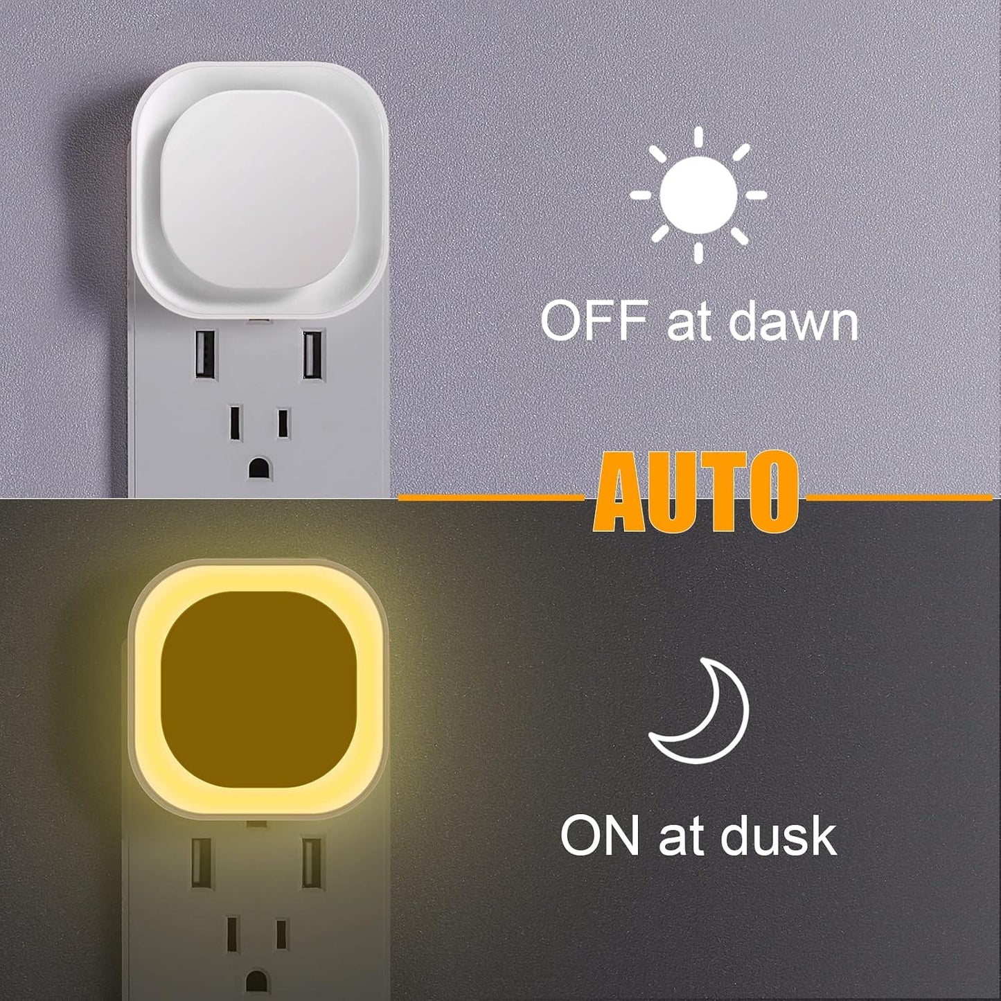 YUNLEX 2 Pack Amber Night Light, Dusk to Dawn Sensor, Warm Glare-Free Reflected Glow, 3-Level Dimmer, Auto On/Off, Plug-in LED Nightlight for Bedroom, Kids, Bathroom, Sleep, Baby Nursery, Toddler