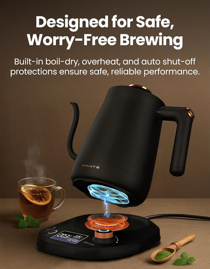Viante Alba Electric Tea Kettle with Infuser, No Plastic In Contact With Water, 1.5L Borosilicate Glass, 304 Stainless Steel, 4 Temperature Presets, Keep Warm, Cordless, Auto Shut-Off