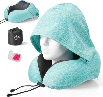 SkytraxComf® Travel Neck Pillow with Hood for Privacy on Long Flights | Memory Foam | Airplane Sleep | Safety-Tested Materials | Extra Large Hood | Chin Support | Earplugs | Washable Cover
