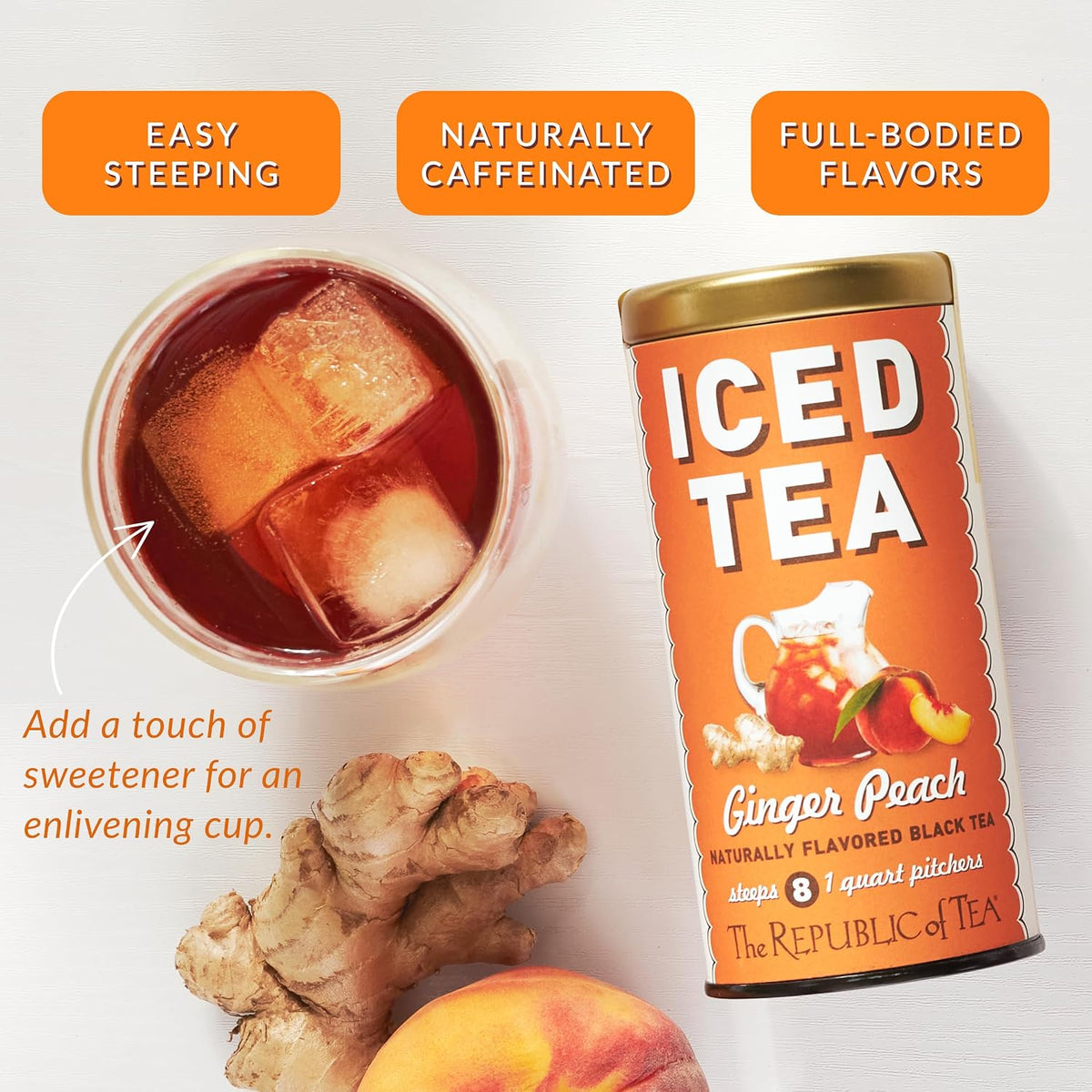 The Republic of Tea – Ginger Peach Black Iced Tea Bags, 40 Large Quart-Sized Iced Tea Pouches, Naturally Caffeinated