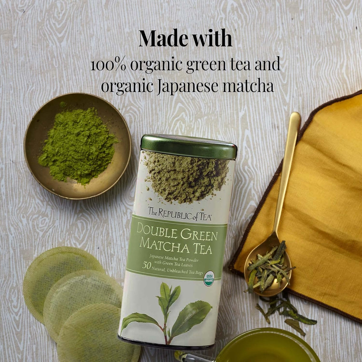 The Republic of Tea - Organic Double Green Matcha Tea Super Refill, Naturally Caffeinated Japanese Green Tea Powder and Leaves, Steeps 100 Cups