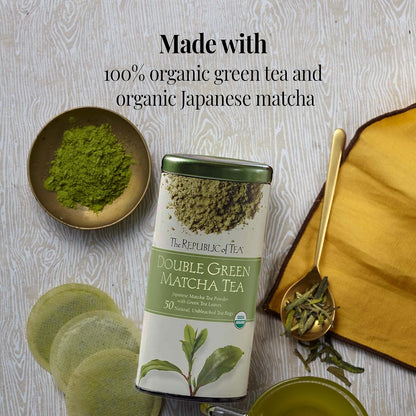 The Republic of Tea - Organic Double Green Matcha Tea Super Refill, Naturally Caffeinated Japanese Green Tea Powder and Leaves, Steeps 100 Cups
