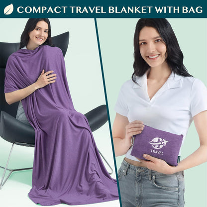 PAVILIA Travel Blanket Airplane Compact Pillow with Bag for Flights, Navy