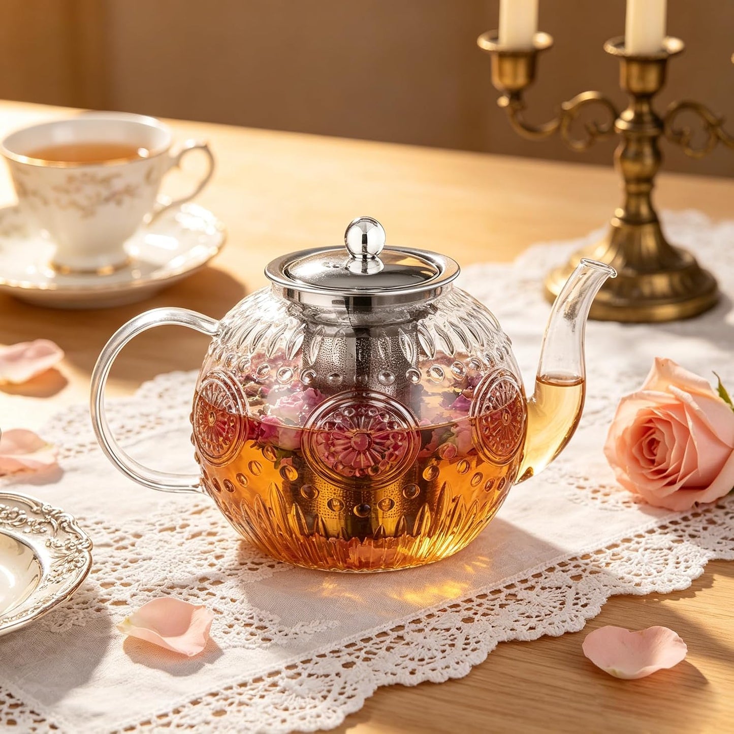Amzcku 50OZ/1500ml Vintage Glass Teapot with Removable Infuser – Stovetop Safe, Borosilicate Glass Tea Kettle for Blooming & Loose Leaf Tea