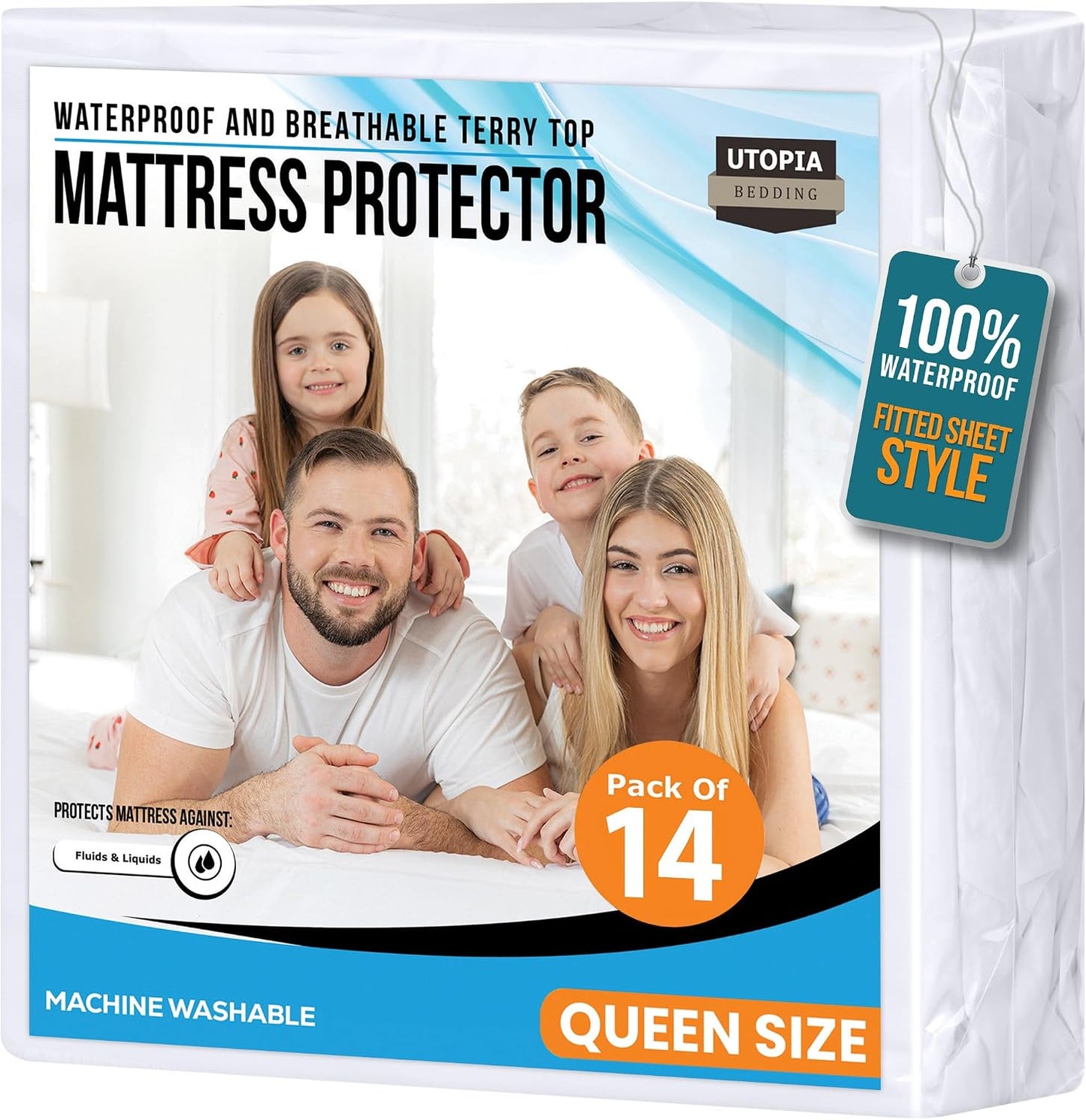 Queen Size Mattress Protector Waterproof, Premium 200 GSM Terry Mattress Cover, Soft & Breathable Bed Cover, Fitted Sheet Style Stretchable Deep Pockets 17" by Utopia Bedding (White)