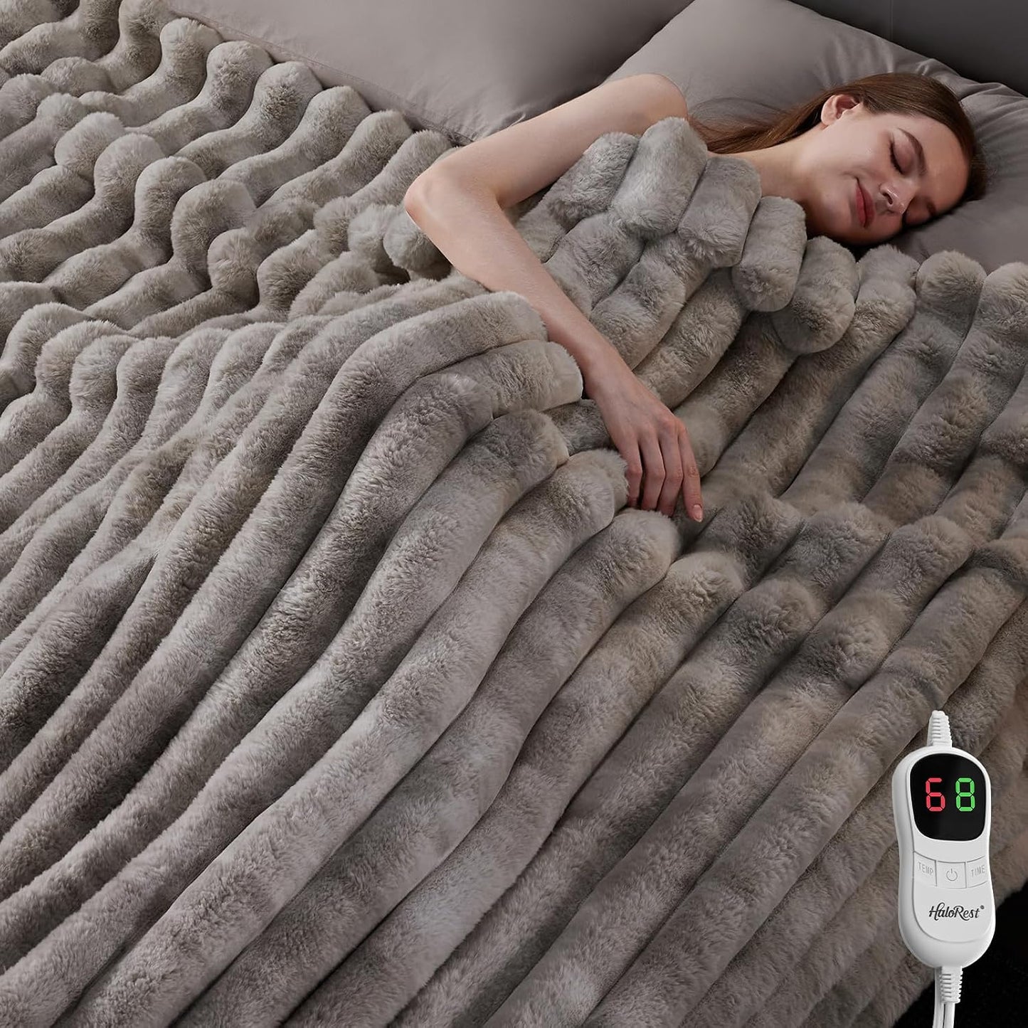 Heated Throw Blanket, Faux Fur Cozy Heating Blanket with Overheat Protection, 1/2/4/6/8 Hours Auto-Off 10 Heat Level, Machine Washable (50x60 Inches, Cream White)